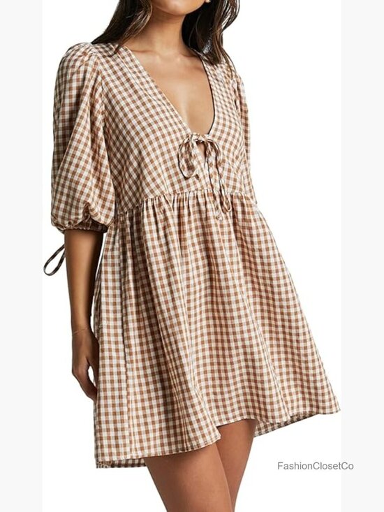 Dresses & Skirts - Gingham Puff Sleeve Tie Front Babydoll Mini Dress